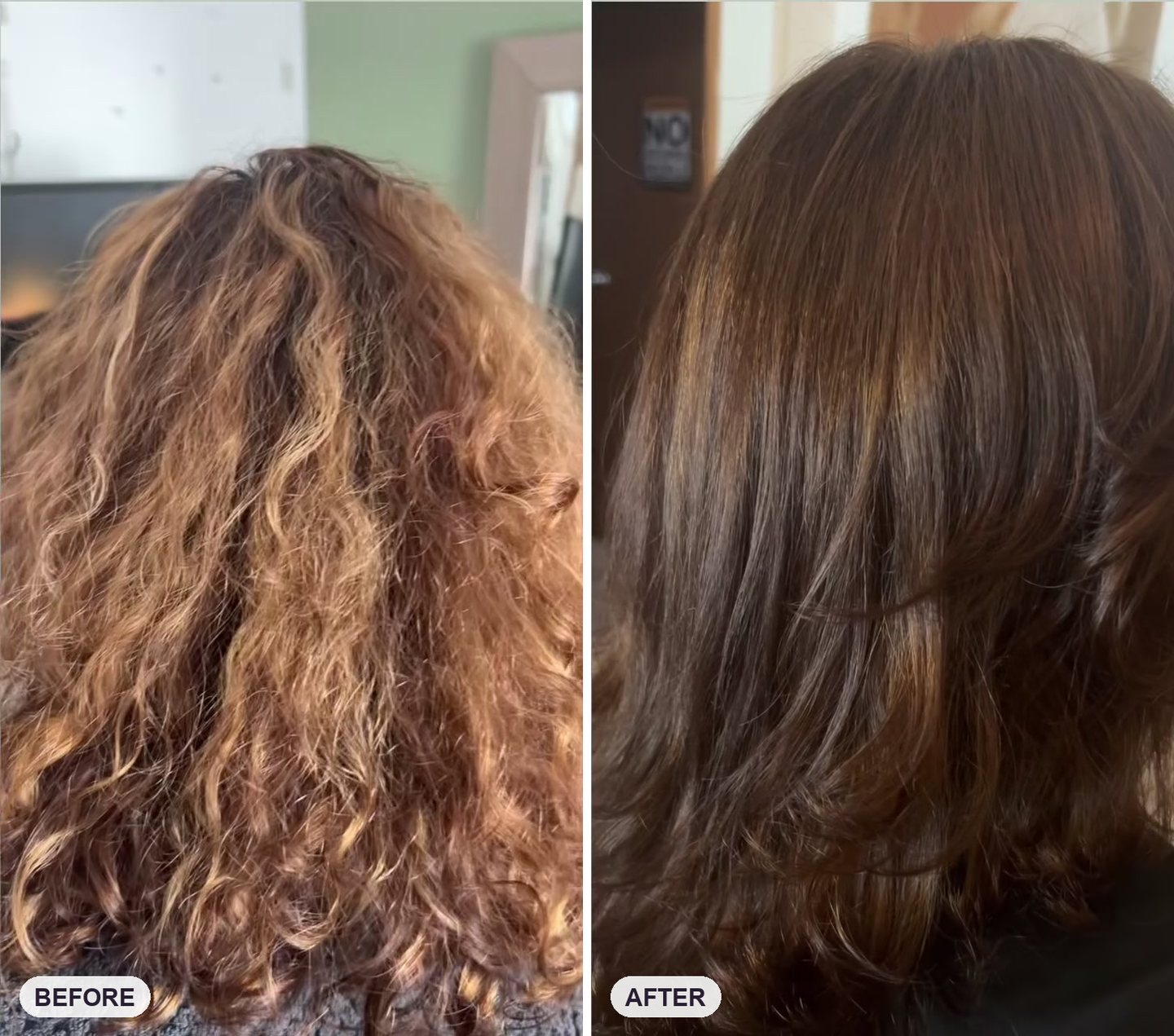 Before and after: brassy grown-out curls taken back to a rich natural chocolate brown