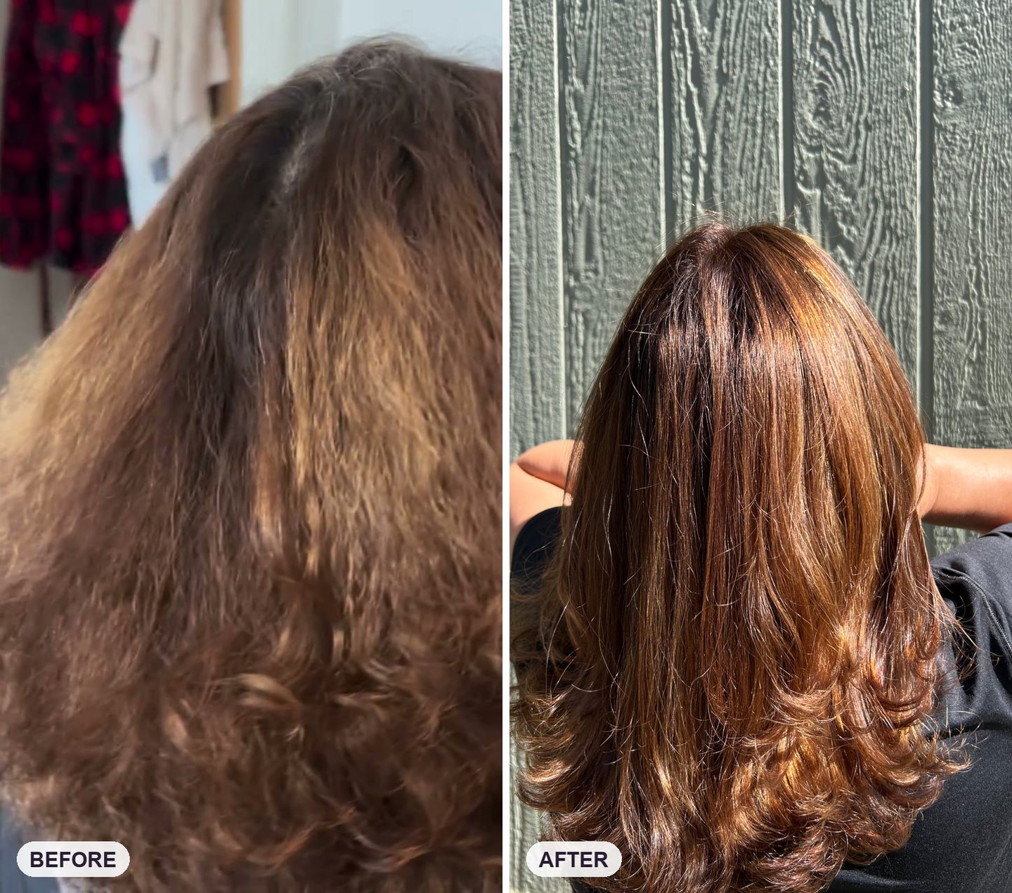 Before and after: faded brassy ends refreshed to a warm copper-brown color