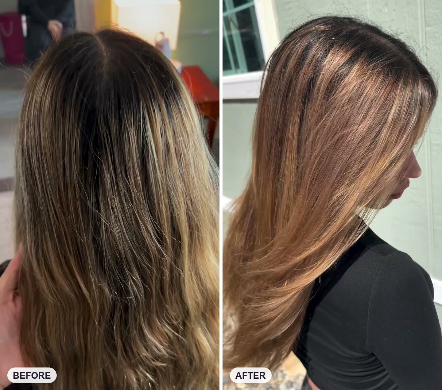 Before and after: brassy grown-out blonde taken to soft honey balayage