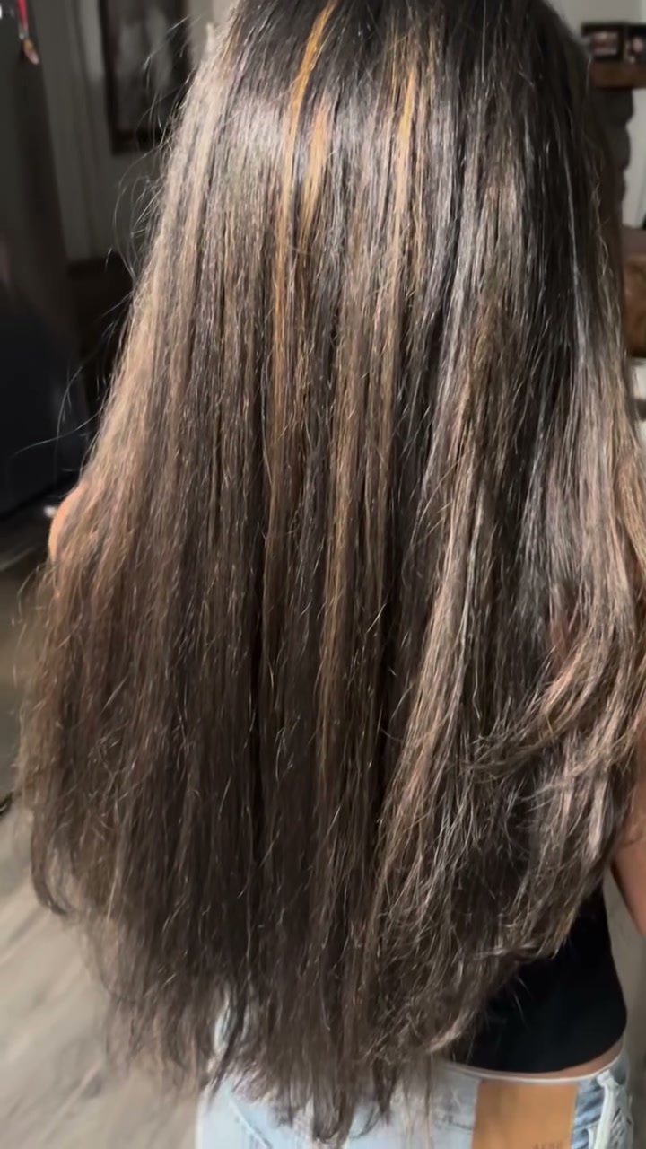 Caramel highlights on dark virgin hair